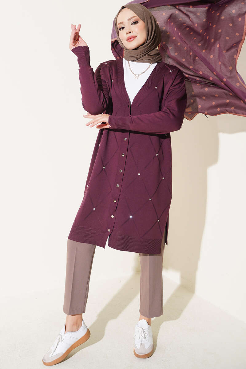 Mini Embellished French Terry Cardigan Plum - Image 2