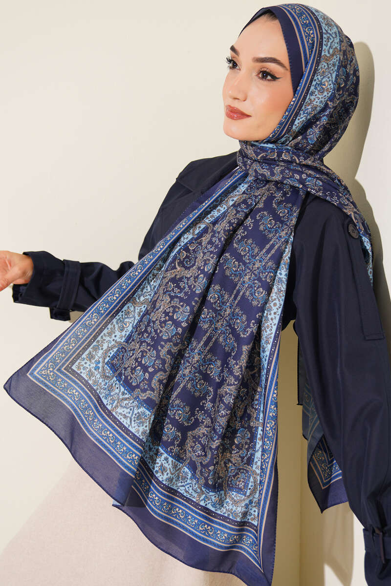 Soft Floral Motif Shawl Parliament Blue