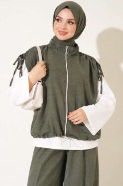 Alternative view of Three-Piece Set with Shoulder Tie Detail Khaki