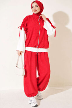 Alternative view of Three-Piece Set with Shoulder Tie Detail Red
