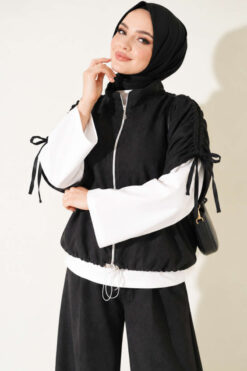 Alternative view of Three-Piece Set with Shoulder Tie Detail Black