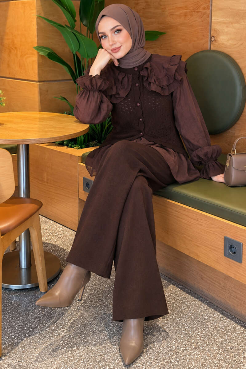 Shoulder Ruffle Detail Knit Two-Piece Set Brown - Image 3