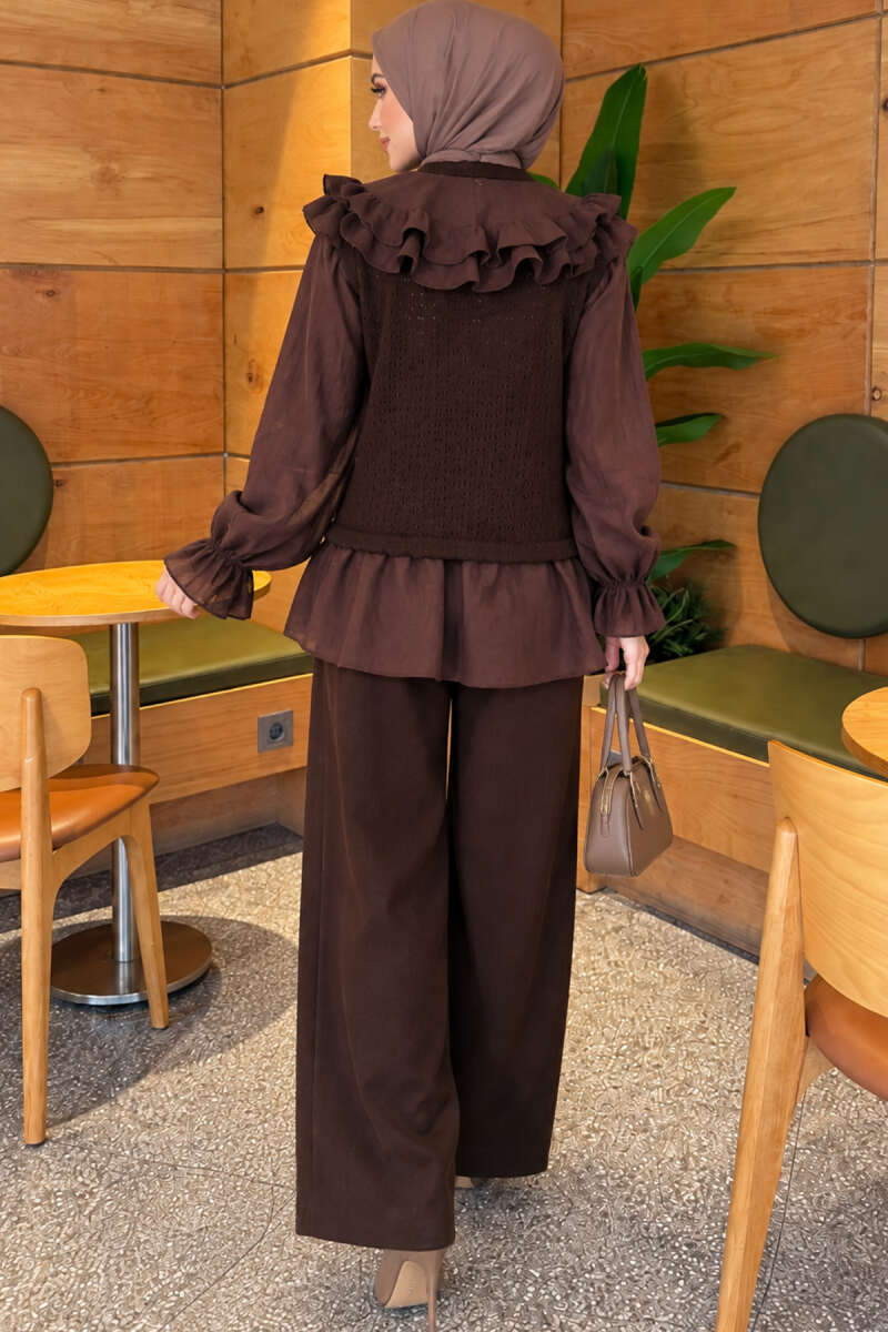 Shoulder Ruffle Detail Knit Two-Piece Set Brown - Image 4