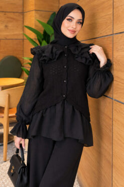 Alternative view of Shoulder Ruffle Detail Knit Two-Piece Set Black