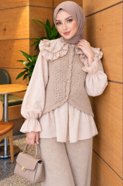 Alternative view of Shoulder Ruffle Detail Knit Two-Piece Set Mink