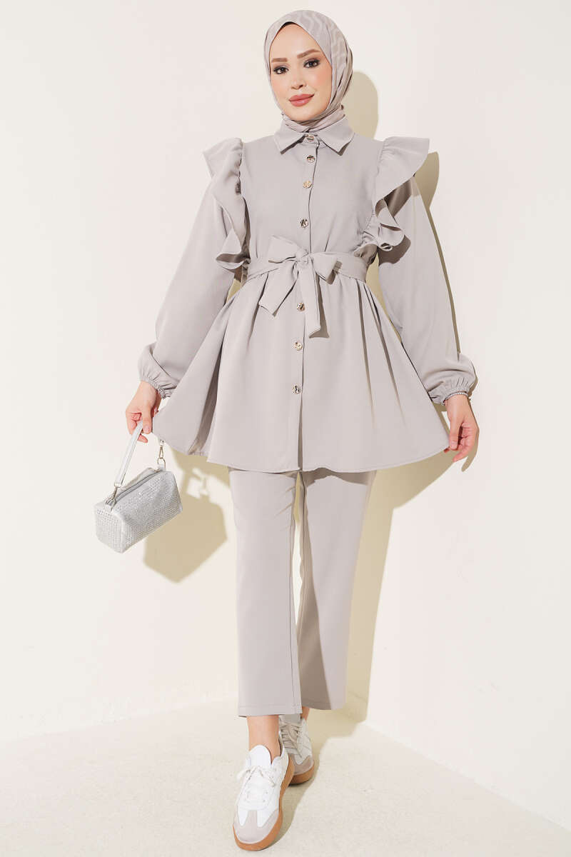 Buttoned Two-Piece Set with Ruffled Shoulder Detail Grey