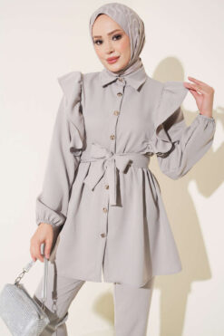 Alternative view of Buttoned Two-Piece Set with Ruffled Shoulder Detail Grey