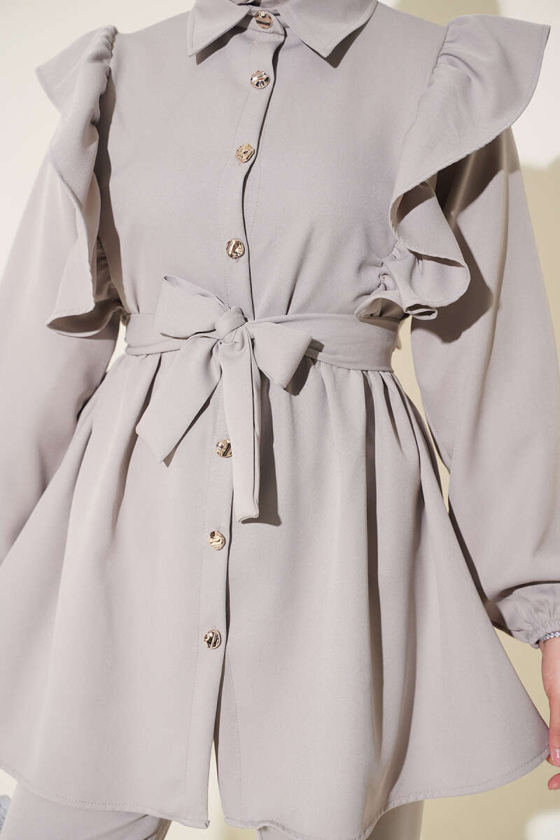 Buttoned Two-Piece Set with Ruffled Shoulder Detail Grey - الصورة 4