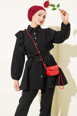 Alternative view of Buttoned Two-Piece Set with Ruffled Shoulder Detail Black