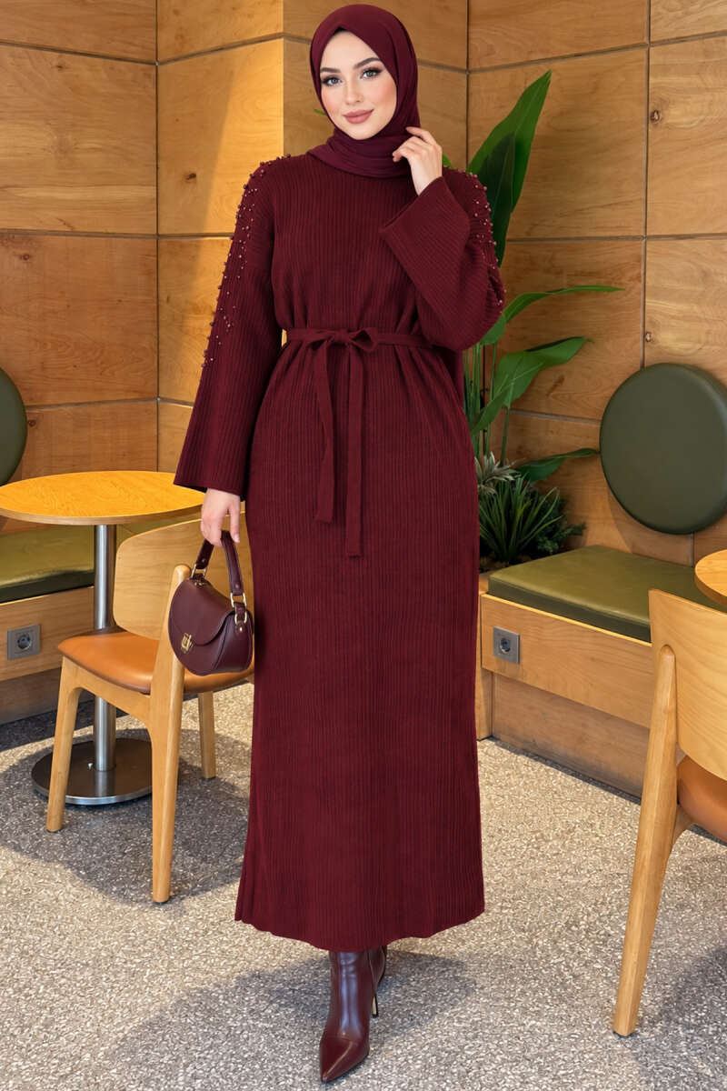 Shoulder Pearl-Accent Knitted Dress Burgundy – Bild 3