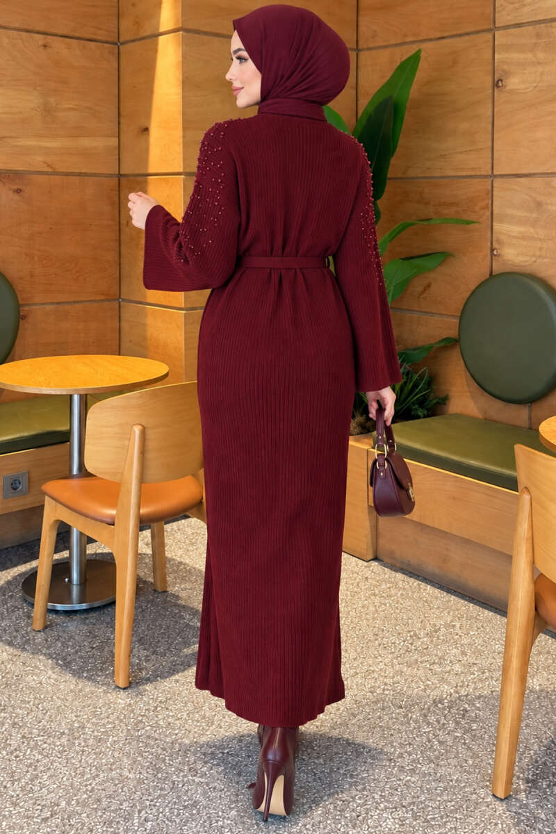 Shoulder Pearl-Accent Knitted Dress Burgundy – Bild 4