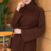 Shoulder Pearl-Accent Knitted Dress Brown - Imagen 2