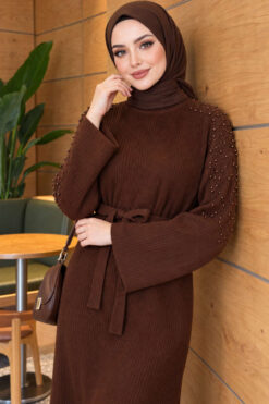 Alternative view of Shoulder Pearl-Accent Knitted Dress Brown