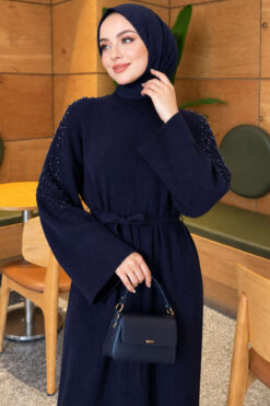 Alternative view of Shoulder Pearl-Accent Knitted Dress Navy Blue