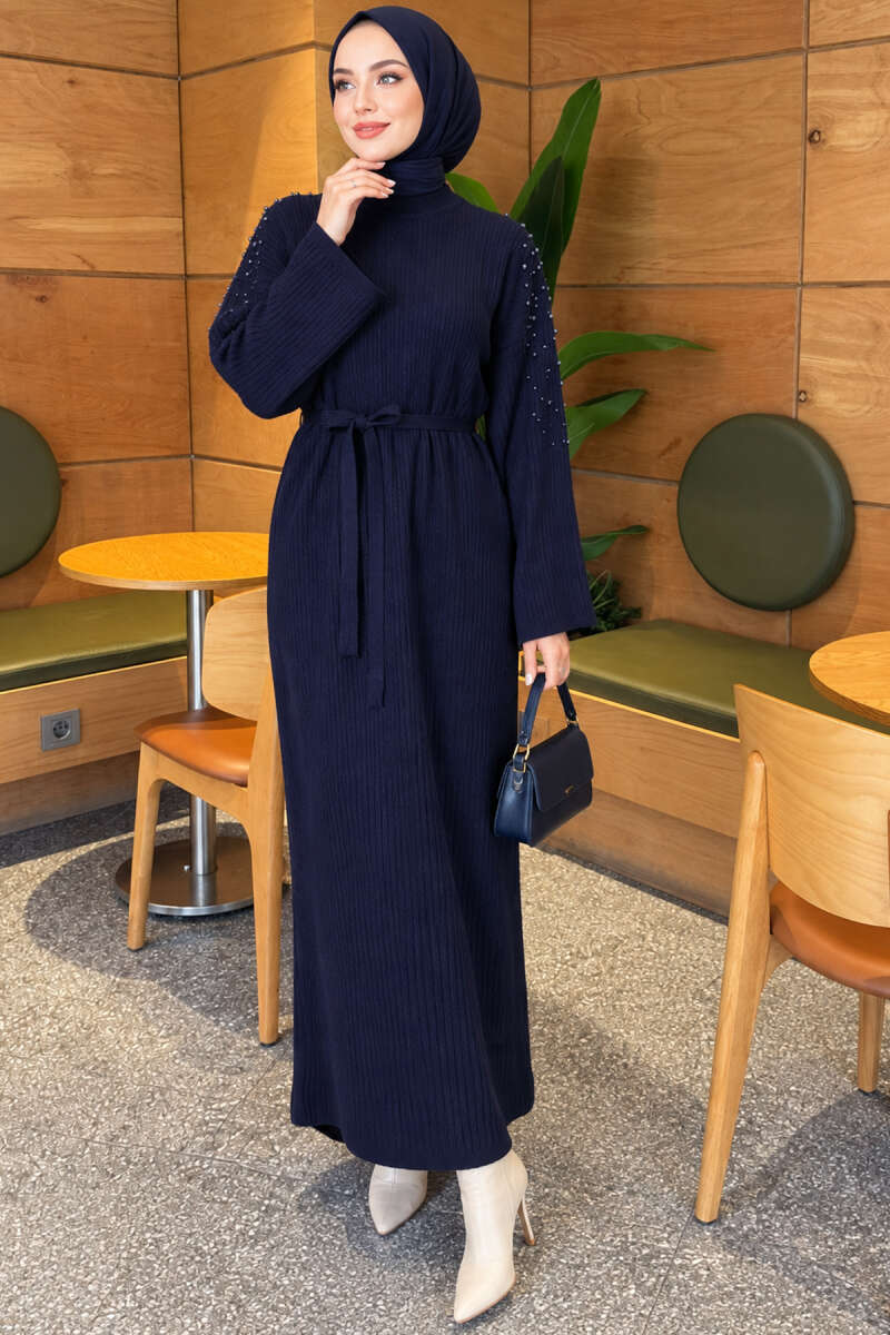 Shoulder Pearl-Accent Knitted Dress Navy Blue - Imagen 3