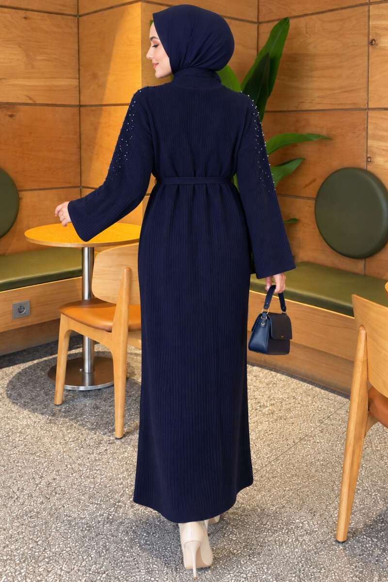 Shoulder Pearl-Accent Knitted Dress Navy Blue - Imagen 4