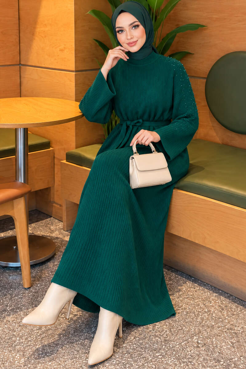 Shoulder Pearl-Accent Knitted Dress Emerald