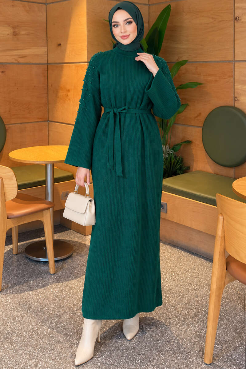 Shoulder Pearl-Accent Knitted Dress Emerald – Image 2