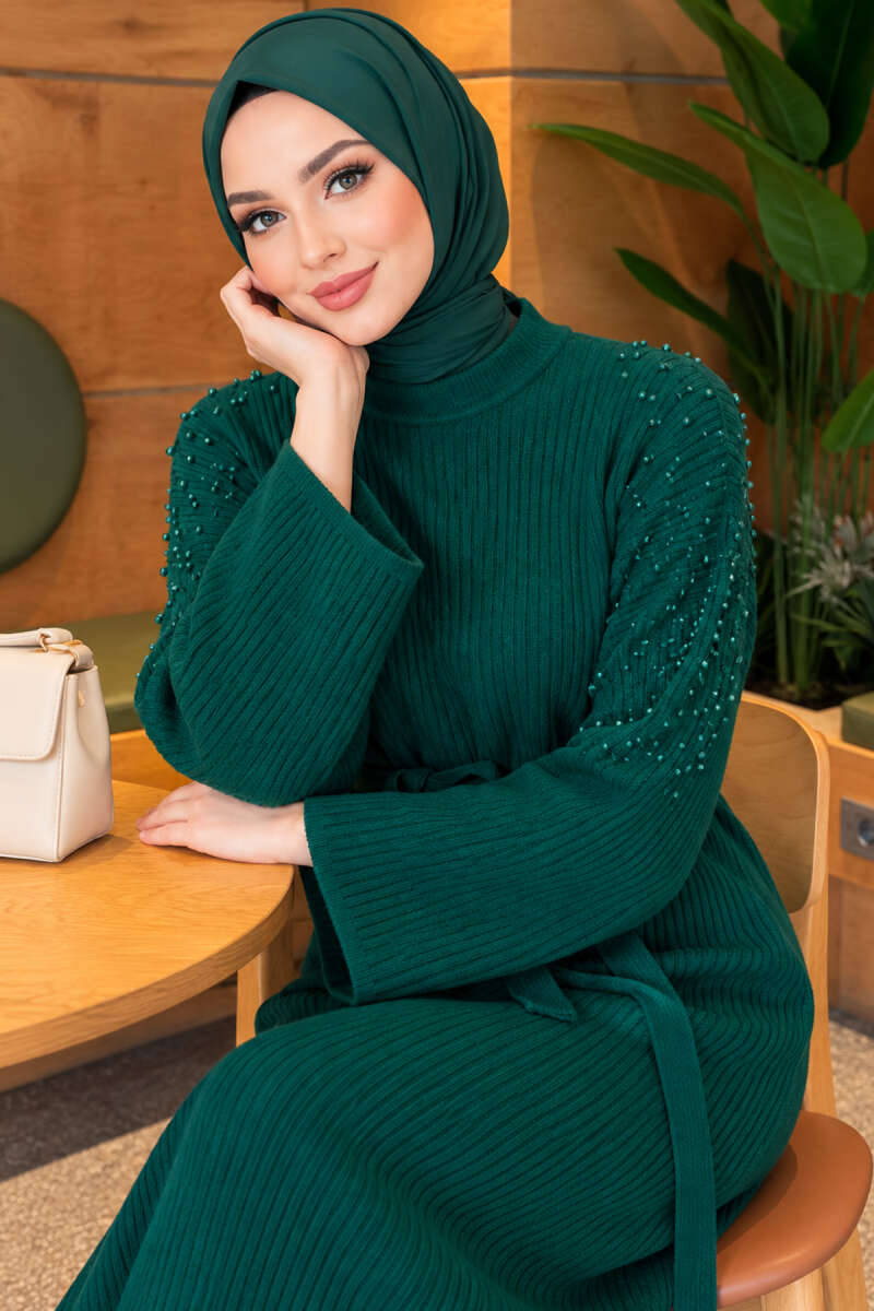 Shoulder Pearl-Accent Knitted Dress Emerald – Image 3