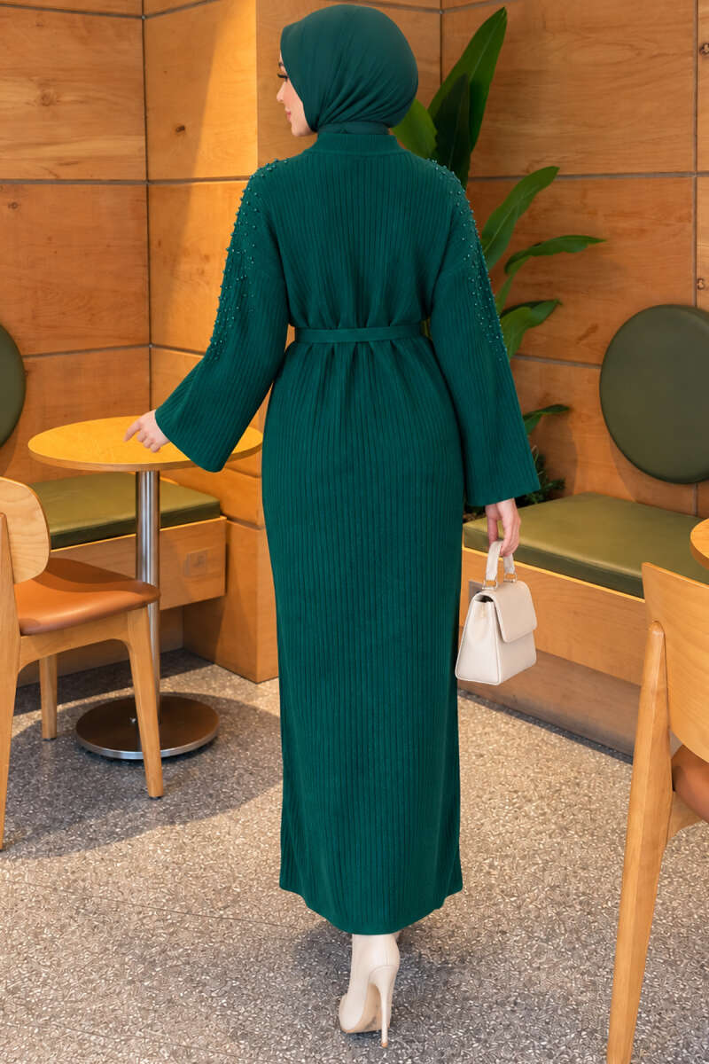 Shoulder Pearl-Accent Knitted Dress Emerald – Image 4