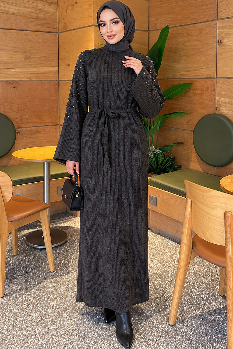Shoulder-Embellished Knit Dress with Belt Anthracite