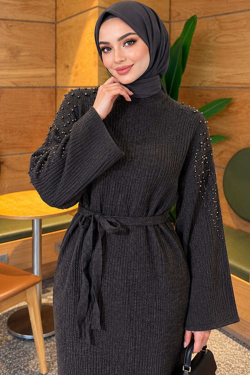 Shoulder-Embellished Knit Dress with Belt Anthracite - Image 3