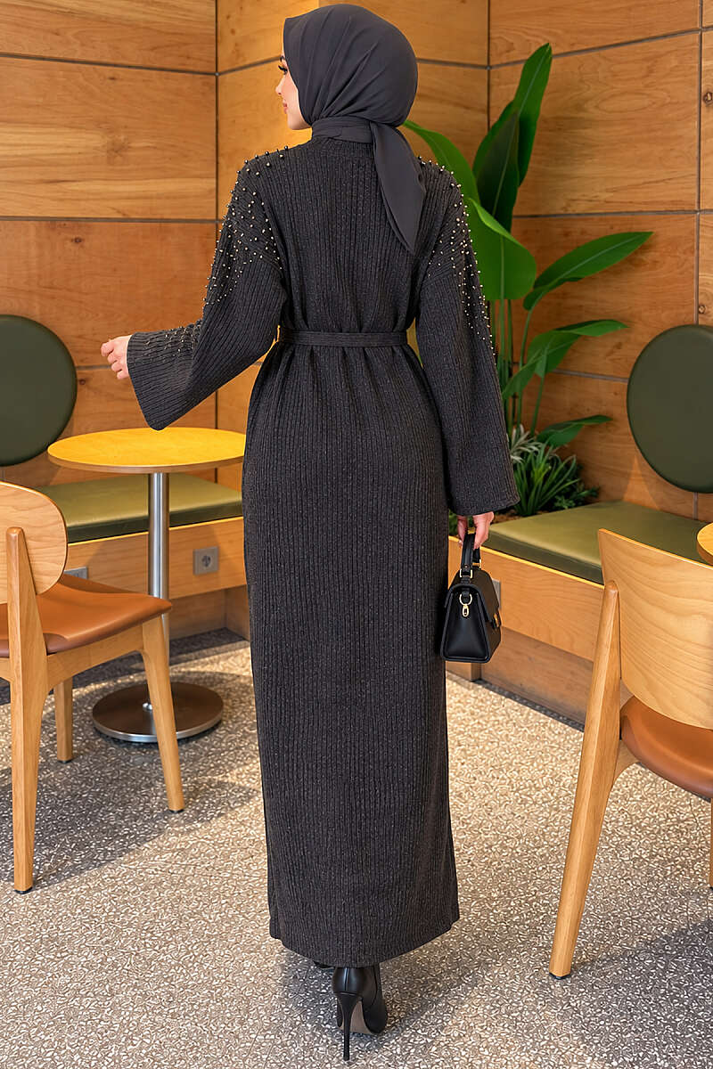 Shoulder-Embellished Knit Dress with Belt Anthracite - Image 4