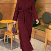 Shoulder-Embellished Knit Dress with Belt Burgundy