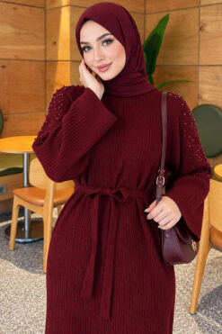 Alternative view of Shoulder-Embellished Knit Dress with Belt Burgundy