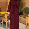 Shoulder-Embellished Knit Dress with Belt Burgundy - Image 3