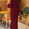 Shoulder-Embellished Knit Dress with Belt Burgundy - Image 4