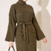 Shoulder-Embellished Knit Dress with Belt Khaki