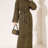 Shoulder-Embellished Knit Dress with Belt Khaki – Image 2