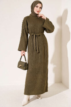 Alternative view of Shoulder-Embellished Knit Dress with Belt Khaki