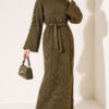 Shoulder-Embellished Knit Dress with Belt Khaki – Image 3