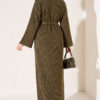 Shoulder-Embellished Knit Dress with Belt Khaki – Image 4