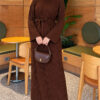 Shoulder-Embellished Knit Dress with Belt Brown