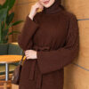 Shoulder-Embellished Knit Dress with Belt Brown - Image 2