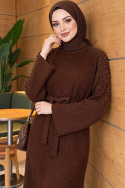 Alternative view of Shoulder-Embellished Knit Dress with Belt Brown