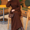 Shoulder-Embellished Knit Dress with Belt Brown - Image 3