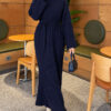Shoulder-Embellished Knit Dress with Belt Navy Blue