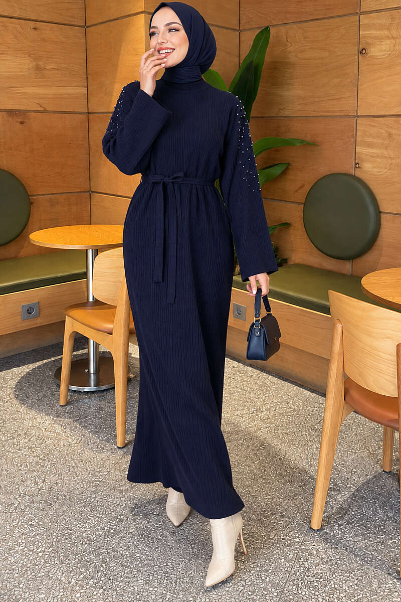 Shoulder-Embellished Knit Dress with Belt Navy Blue