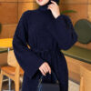 Shoulder-Embellished Knit Dress with Belt Navy Blue - Image 2