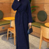 Shoulder-Embellished Knit Dress with Belt Navy Blue - Image 3