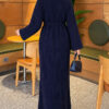 Shoulder-Embellished Knit Dress with Belt Navy Blue - Image 4