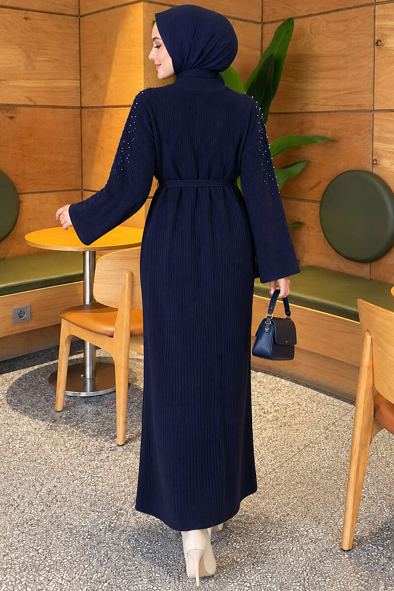 Shoulder-Embellished Knit Dress with Belt Navy Blue - Image 4