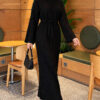 Shoulder-Embellished Knit Dress with Belt Black