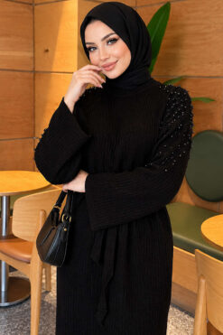 Alternative view of Shoulder-Embellished Knit Dress with Belt Black