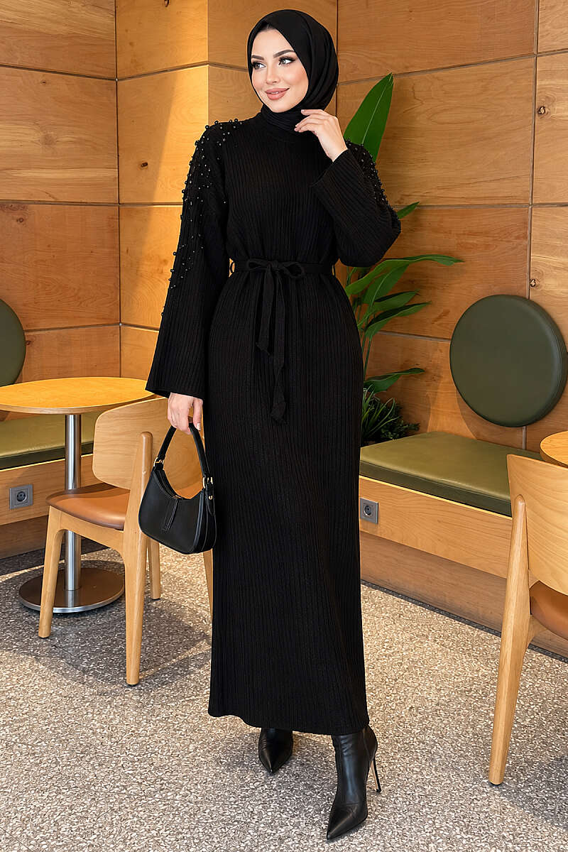 Shoulder-Embellished Knit Dress with Belt Black - الصورة 3