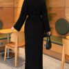 Shoulder-Embellished Knit Dress with Belt Black - الصورة 4